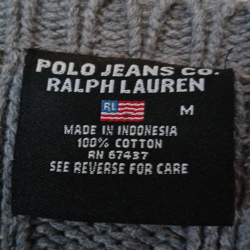 Vintage 90s Ralph Lauren Polo Jeans Thick Gray Ribbed Sweater With American Flag - Picture 3 of 5